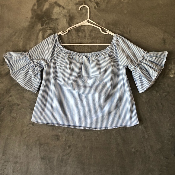 Ambiance Tops - Ambience Set of 2 Blouses Size M Stripes Blue and Black Bell Sleeve Feminine
